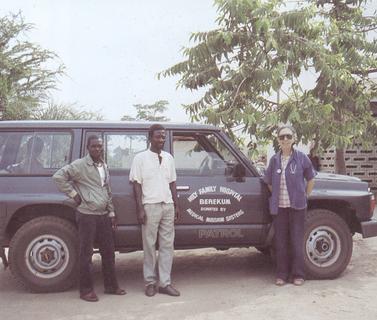 Sister Fernande Pelletier and colleagues with the Holy family Hospital Patrol truck provided by the Medical Mission Sisters, 1990s
