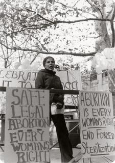 Helen Rodriguez-Trias speaking at an abortion rights rally, 1970s