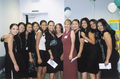 Katherine Flores with students from a research seminar in the Fresno Junior Doctor's Academy program, 2002