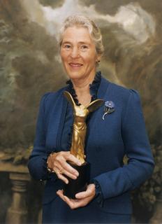 Janet D. Rowley with the Lasker Award she won for her work on translocation, 1998